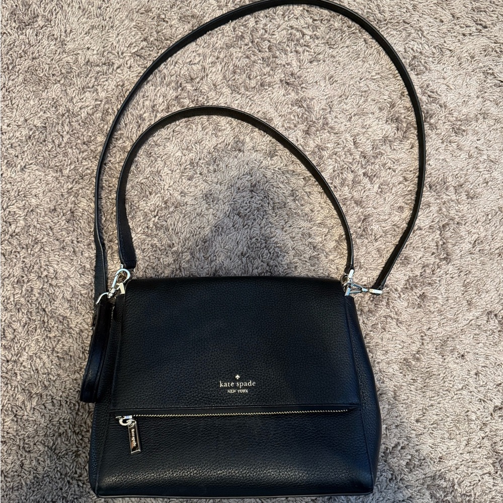 Kate Spade Leila Medium Flap Shoulder Bag, Black Pebbled Leather
